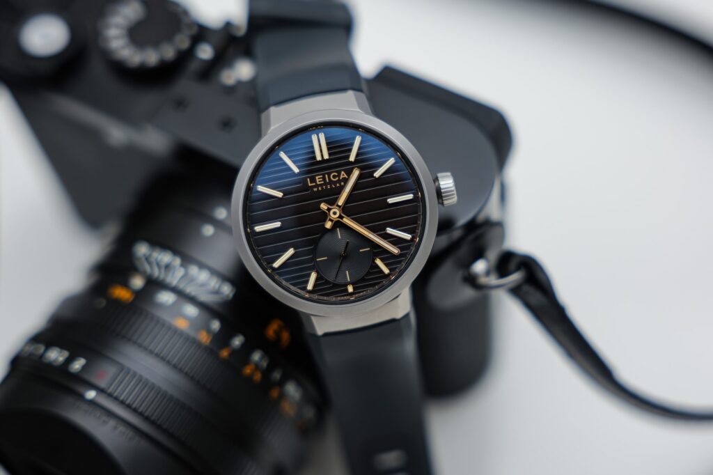 Leica ZM 12 Small Seconds watch showing its dual-layer dial and integrated strap design