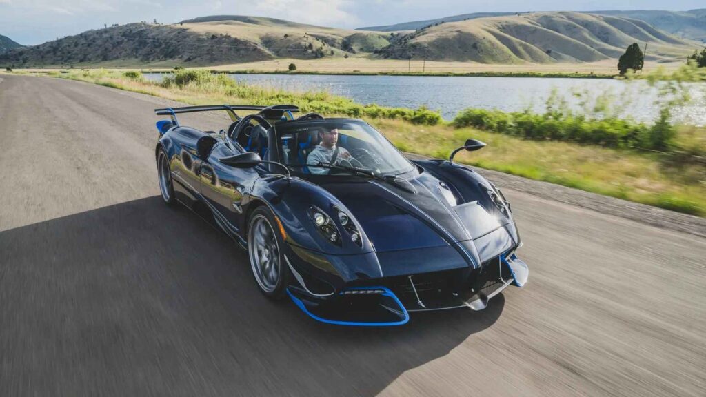 Pagani Huayra Roadster Executor with blue exposed carbon fibre and white accents