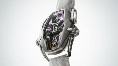 MB&F HM12 The Guardian watch with mobile face-shield and L’Epée companion stand