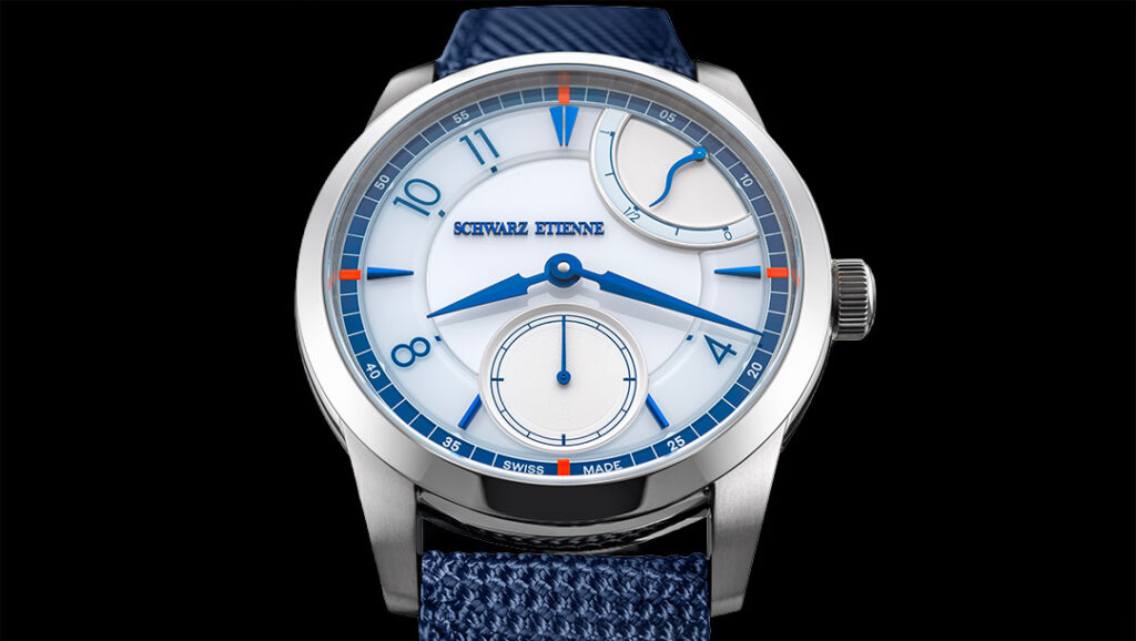 Schwarz Etienne 1902 Synergy by Peter Speake with white layered dial and blue accents