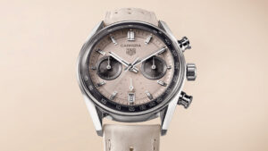 TAG Heuer Carrera Chronograph Limited Edition with beige dial and anthracite sub-dials on a beige perforated strap