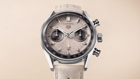 TAG Heuer Gives the Carrera Chronograph a Desert-Rally Mood TAG Heuer Carrera Chronograph Limited Edition with beige dial and anthracite sub-dials on a beige perforated strap