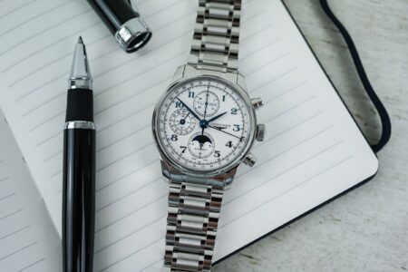 Longines Master Chronograph Moonphase 2026 with silvery-white dial and blue numerals