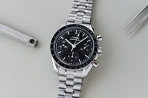 Omega Speedmaster 38mm black dial steel chronograph on bracelet