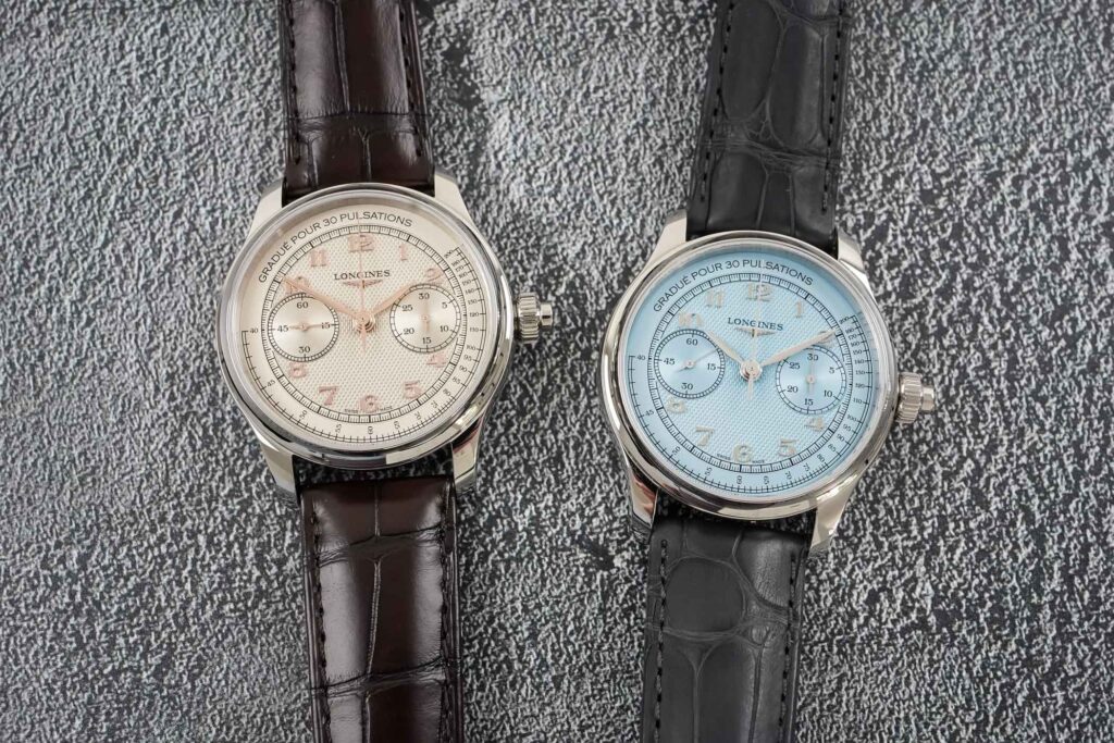 Longines Brings a Monopusher Chronograph Back to the Master Collection Longines Master Chrono Monopusher with frosted blue dial and alligator leather strap