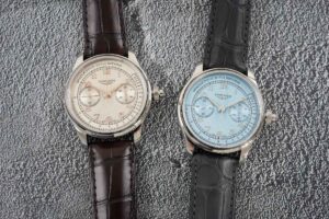 Longines Brings a Monopusher Chronograph Back to the Master Collection Longines Master Chrono Monopusher with frosted blue dial and alligator leather strap