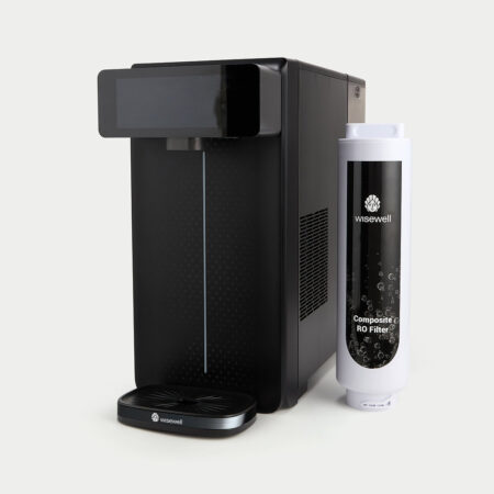 Wisewell Sparkle Brings Still and Sparkling Water to One Countertop System Wisewell Sparkle countertop water purifier dispensing still and sparkling water in a modern kitchen