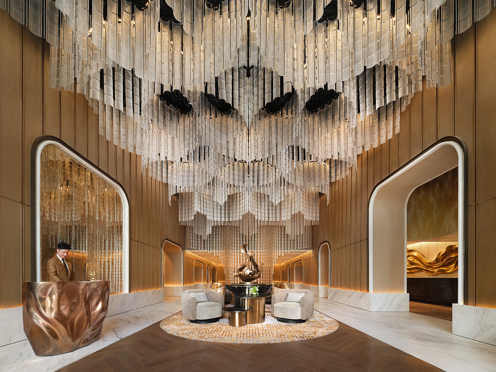 Lobby of Fairmont Bangkok Sukhumvit with floral chandelier inspired by Thailand’s ratchaphruek blossom