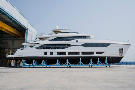 Majesty 120 Enters the Water at the UAE Shipyard Majesty 120 superyacht entering the water at a UAE shipyard