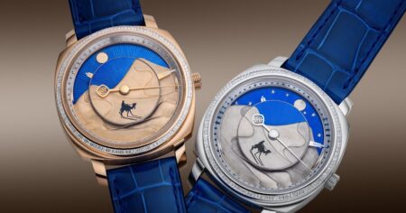 Akhor Nour La Lumière Puts a Desert Horizon on the Wrist Akhor Nour La Lumière watch with diamond-set cushion case and desert Day/Night display