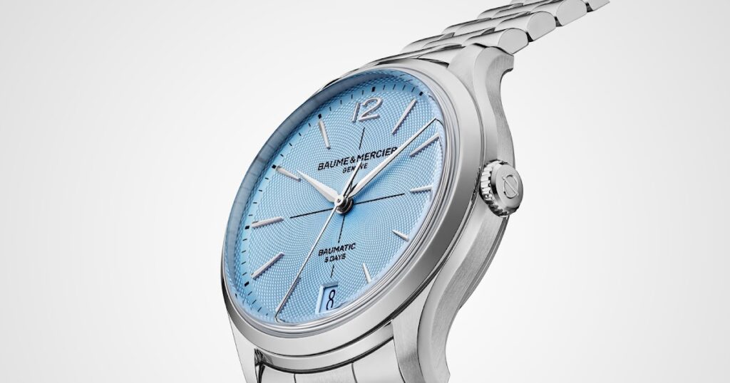 Baume & Mercier Clifton Baumatic 39mm with ice-blue guilloché dial