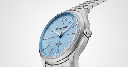 Baume & Mercier Gives the Clifton Baumatic 39mm an Ice Blue Guilloché Dial Baume & Mercier Clifton Baumatic 39mm with ice-blue guilloché dial