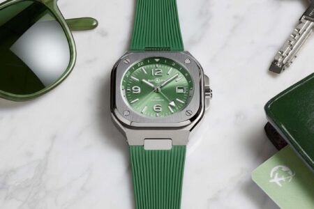 Bell & Ross Gives the BR-05 GMT a Sage Green Steel Edition Bell & Ross BR-05 GMT Green Steel with sage green dial and integrated bracelet