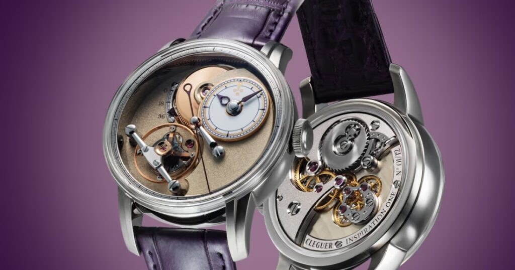 Cleguer Horology Introduces the Inspiration One With a New Innate Escapement Cleguer Horology Inspiration One Souscription titanium watch with open movement architecture and purple enamel dial