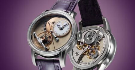 Cleguer Horology Introduces the Inspiration One With a New Innate Escapement Cleguer Horology Inspiration One Souscription titanium watch with open movement architecture and purple enamel dial