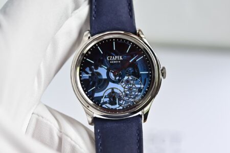 Czapek Promenade Transparencies Aqua Blue watch with smoked sapphire dial and blue strap