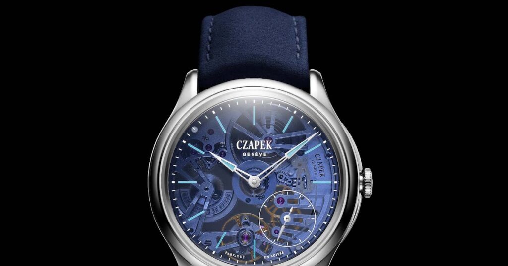 Czapek Promenade Transparencies Aqua Blue watch with visible Calibre SXH7