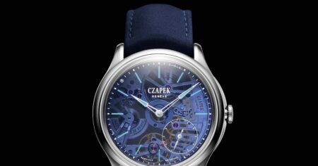 Czapek Promenade Transparencies Aqua Blue watch with visible Calibre SXH7