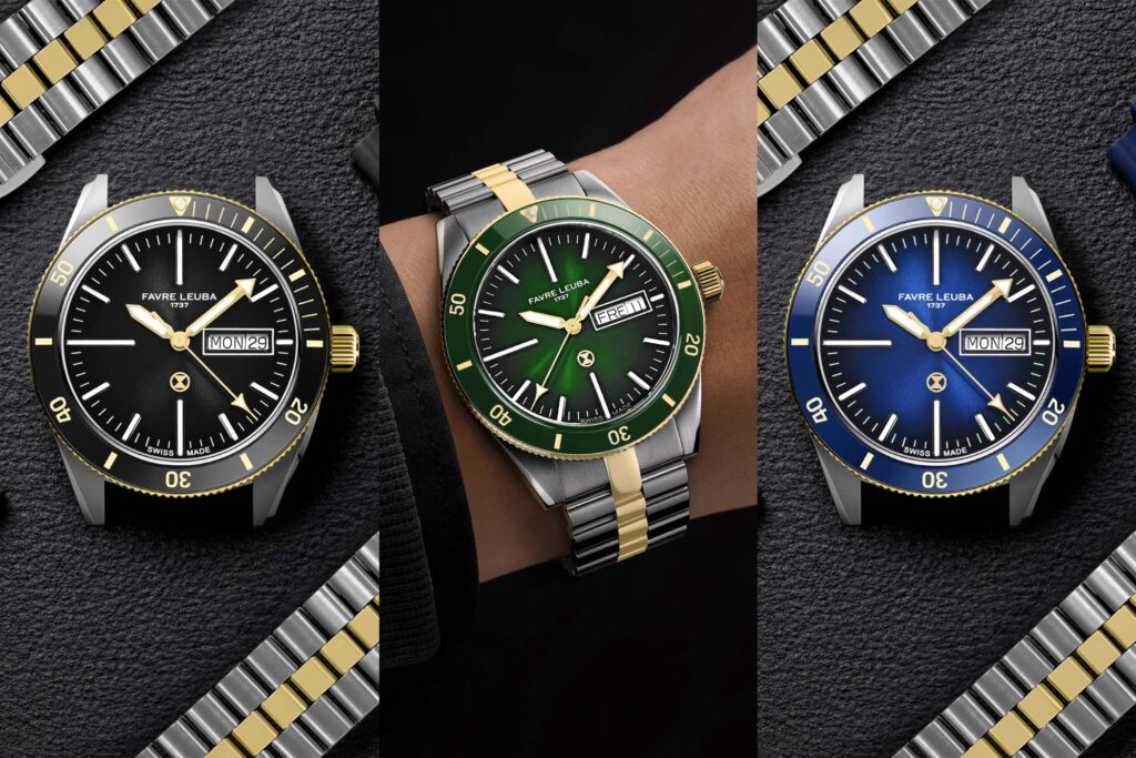 Favre Leuba Deep Raider Day Date two-tone diver watch with yellow gold PVD accents