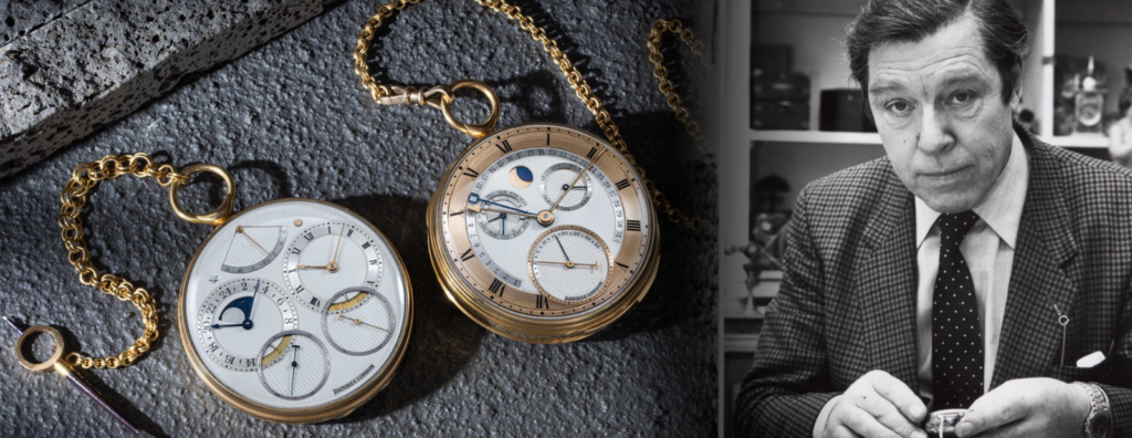 George Daniels working at a watchmaker’s bench surrounded by precision tools and vintage mechanical parts