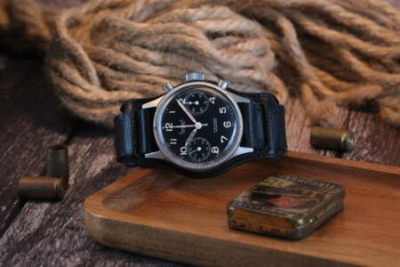 Vintage Hanhart 417 ES stainless steel chronograph on a worn leather Bund strap