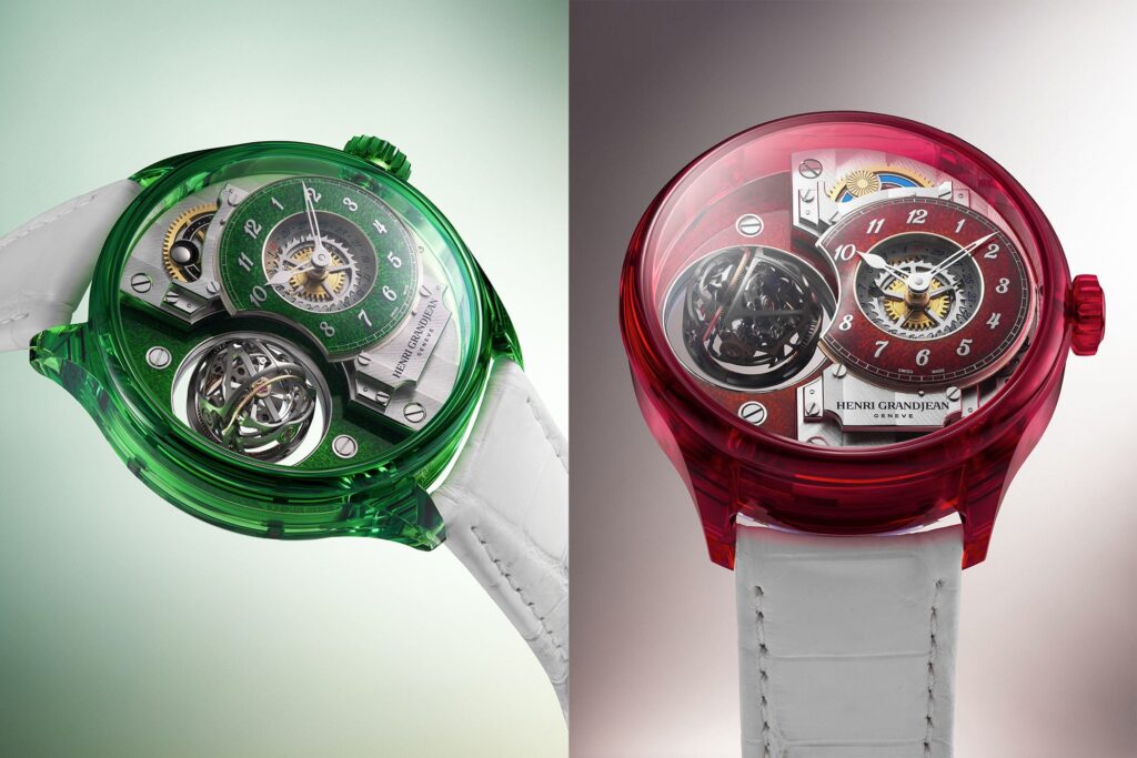 Henri Grandjean & Cie Brings Red and Green Sapphire to the Magician Atrivm Henri Grandjean & Cie Magician Atrivm in red and green sapphire crystal with floating triple-axis tourbillon