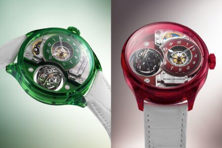 Henri Grandjean & Cie Brings Red and Green Sapphire to the Magician Atrivm Henri Grandjean & Cie Magician Atrivm in red and green sapphire crystal with floating triple-axis tourbillon
