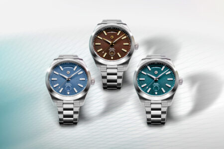 Jack Mason Canton Day-Date Adds Guilloché Style to the Daily Calendar Watch Jack Mason Canton Day-Date watch with guilloché dial on stainless steel bracelet