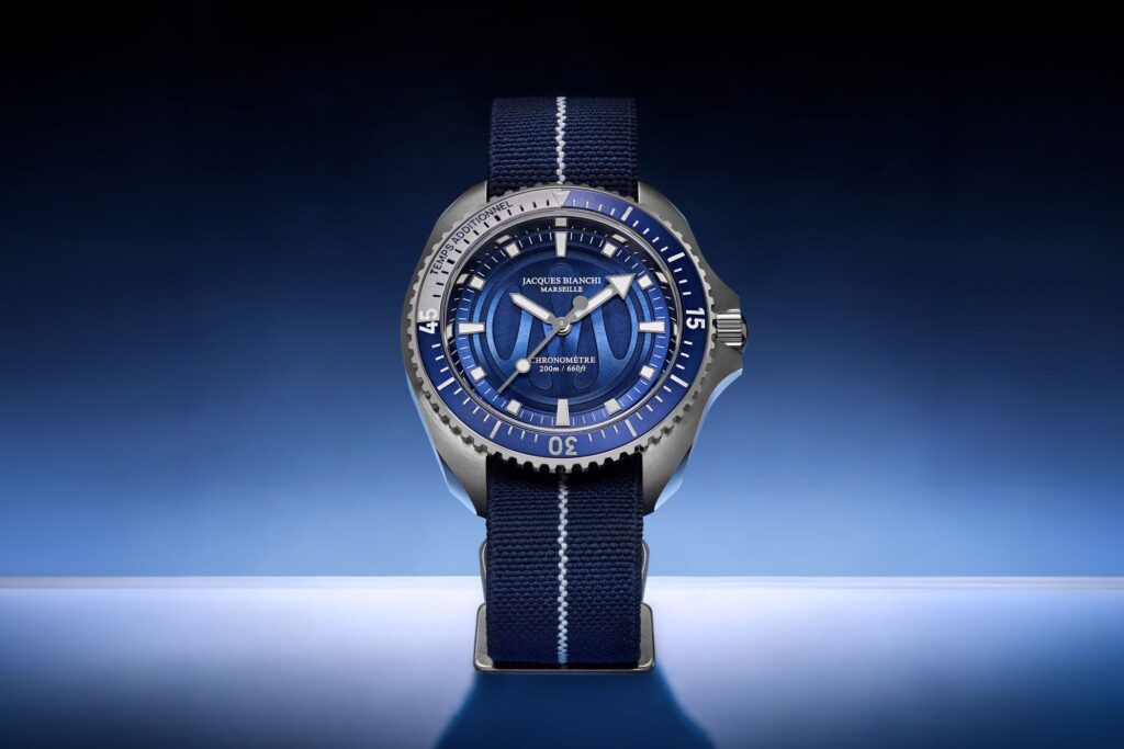 Jacques Bianchi OM200 Brings Olympique de Marseille to a Navy-Born Diver Jacques Bianchi x Olympique de Marseille OM200 dive watch with deep blue dial and blue bezel