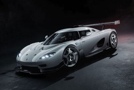 Koenigsegg CCGT1 with white carbon fibre bodywork and large rear wing