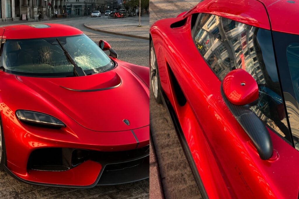 Red Koenigsegg Gemera parked outside Hotel d’Angleterre in Copenhagen before reported vandalism