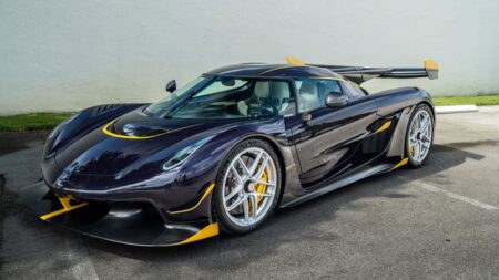 Koenigsegg Jesko Attack Heads to Monterey for a Landmark Auction Debut Koenigsegg Jesko Attack in exposed Dark Purple carbon fibre with yellow accents