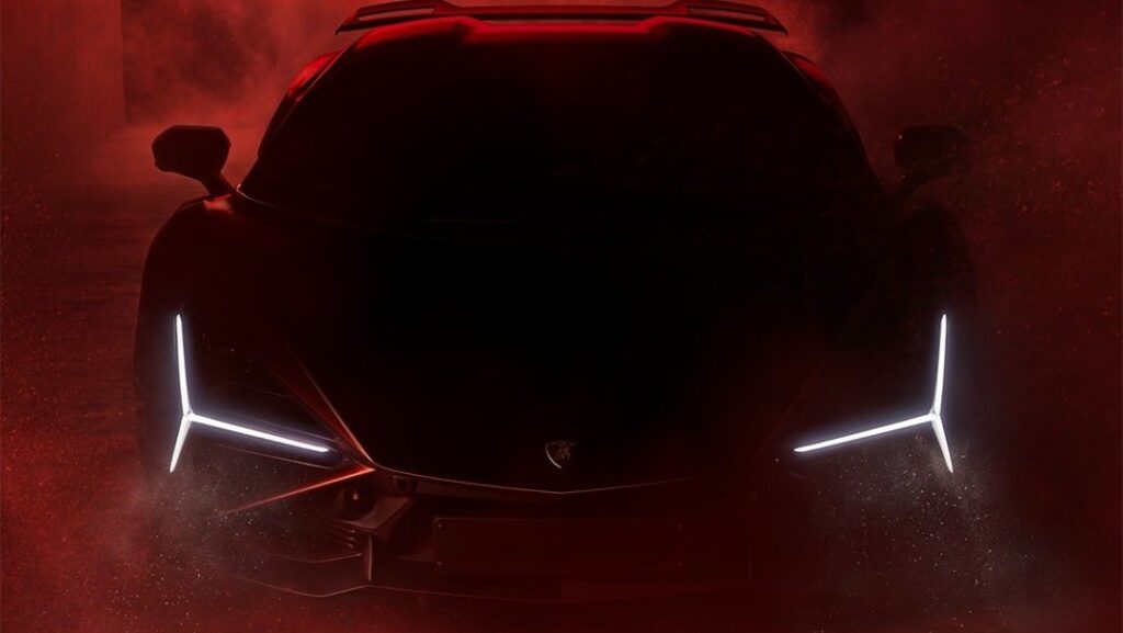 Lamborghini Revuelto SV Shows Its Face Before Pebble Beach Debut Lamborghini Revuelto SV teaser showing front LED daytime running lights and rear wing silhouette