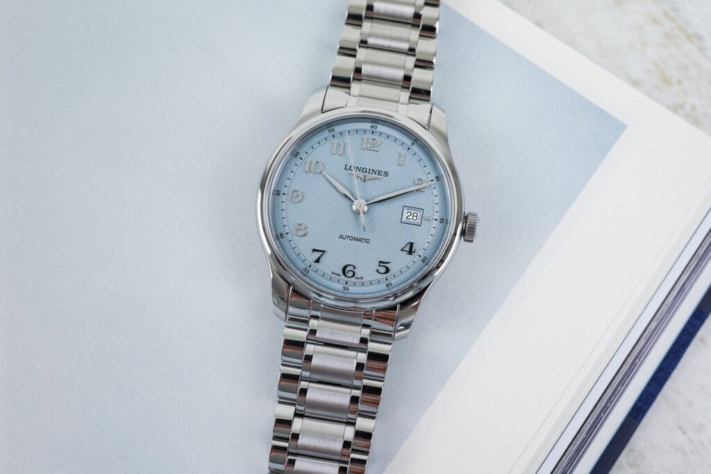 Longines Master Collection Automatic watch with light blue barleycorn dial on stainless steel bracelet