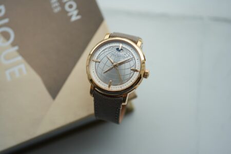 Louis Vuitton Escale Twin Zone rose gold dual-time watch on grey leather strap