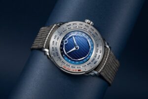Ming 57.05 Comet worldtimer watch with blue multilayered dial and stainless steel case