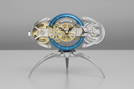 Maison Alcée x MB&F Nostromo mechanical desk clock on three alien-like legs