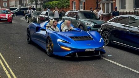 A Blue McLaren Elva Turns a UK Street Sighting Into an Event Blue McLaren Elva open-cockpit roadster on a UK street
