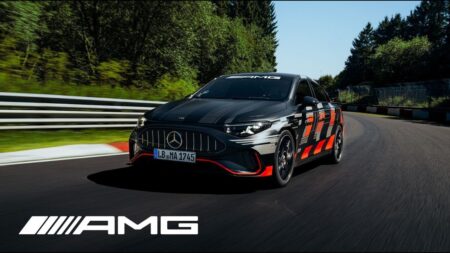 Mercedes-AMG CLA 45 EV Lays Down a 7:32 Nürburgring Marker Mercedes-AMG CLA 45 EV driving at speed on the Nürburgring Nordschleife