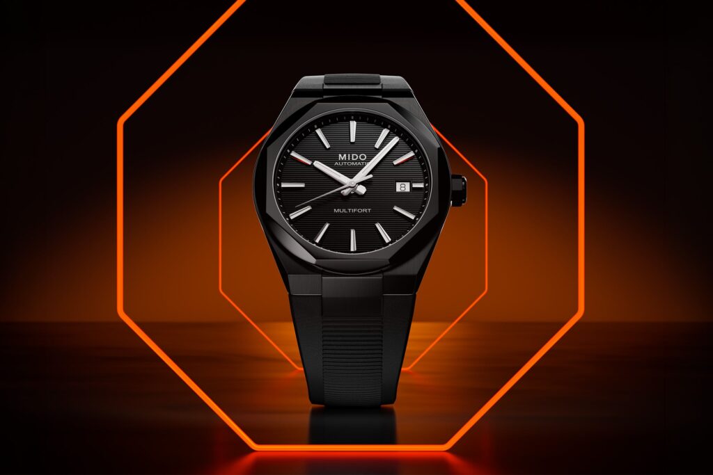 Mido Gives the Multifort 8 One Crown a Black PVD Finish Mido Multifort 8 One Crown black PVD watch with black textured dial and integrated rubber strap
