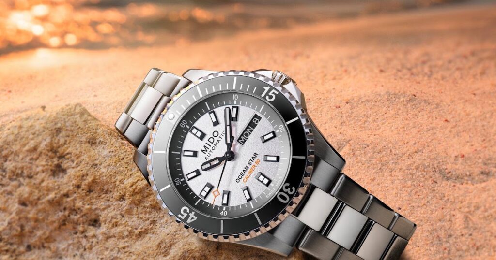 Mido Ocean Star 200 watch in black and white