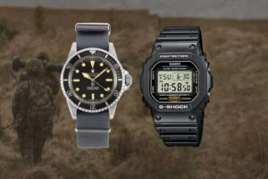 A Casio G-Shock and vintage-style dive watch shown with military diving equipment