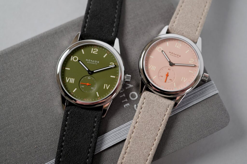 Nomos Club Campus Full Rose and All Olive watches with colourful dials and vegan velour straps