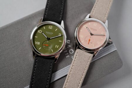 Nomos Club Campus Full Rose and All Olive Make the Case for Everyday Colour Nomos Club Campus Full Rose and All Olive watches with colourful dials and vegan velour straps