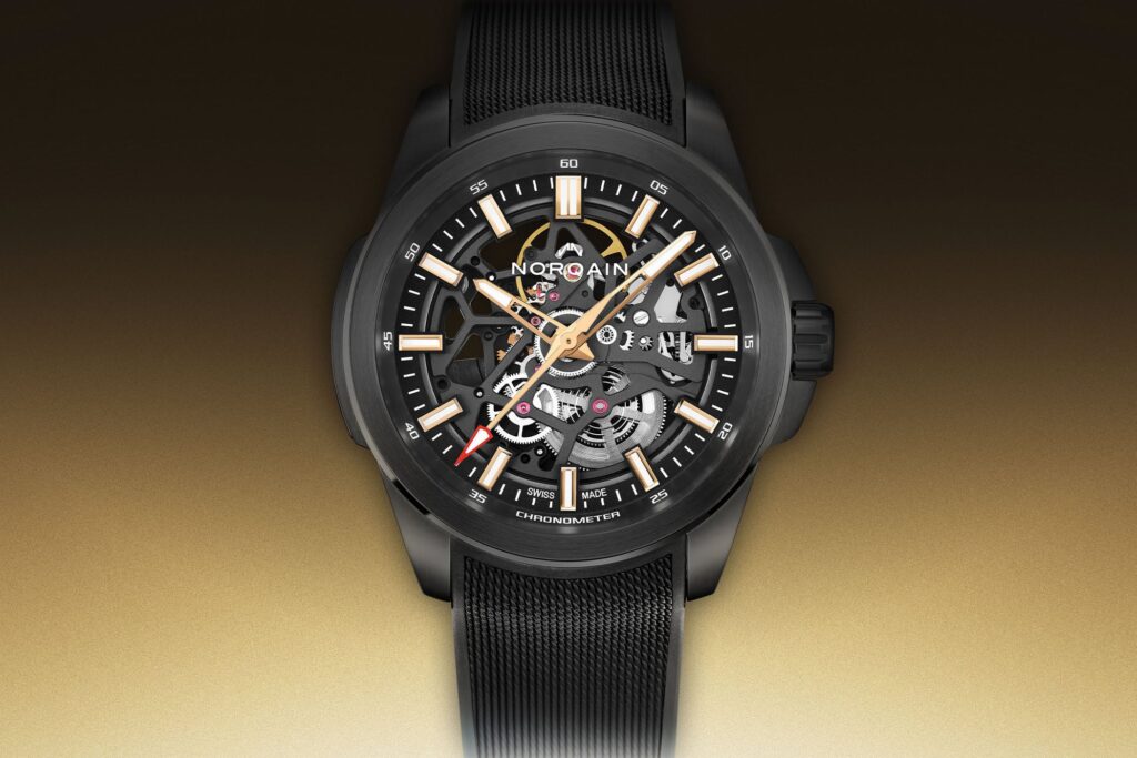 Norqain Independence Skeleton Titanium DLC watch with black openworked dial on rubber strap