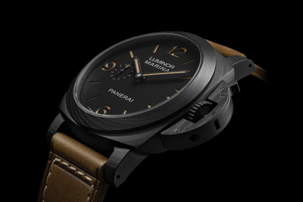 Panerai’s Luminor Marina PAM01707 Puts Carbotech on a Classic 44mm Case Panerai Luminor Marina PAM01707 Carbotech with matte black dial and brown leather strap