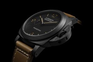 Panerai’s Luminor Marina PAM01707 Puts Carbotech on a Classic 44mm Case Panerai Luminor Marina PAM01707 Carbotech with matte black dial and brown leather strap