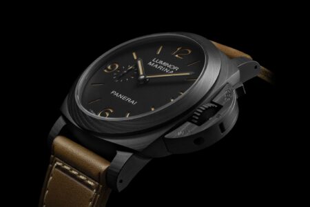 Panerai’s Luminor Marina PAM01707 Puts Carbotech on a Classic 44mm Case Panerai Luminor Marina PAM01707 Carbotech with matte black dial and brown leather strap