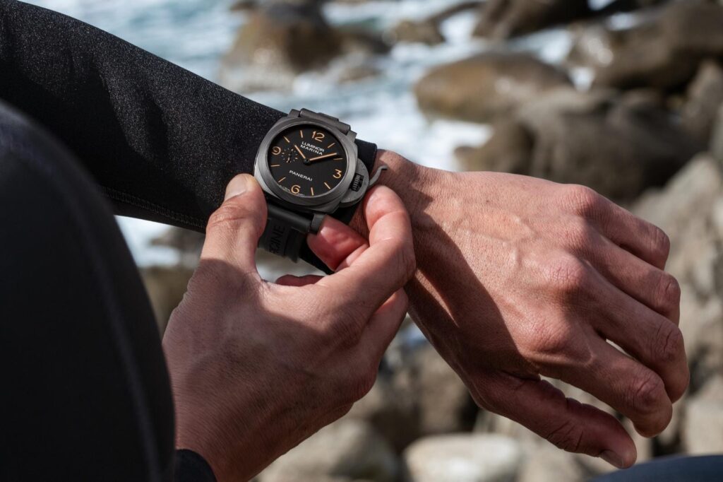 Panerai Gives the Luminor Marina 44mm Carbotech a Beige Neo-Vintage Shift Panerai Luminor Marina PAM01707 44mm Carbotech with beige lume and brown calf strap