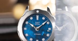 S.U.F Helsinki Vetehinen Blue Spectrolite Puts Finnish Stone in Focus S.U.F Helsinki Vetehinen Blue Spectrolite watch with Finnish blue spectrolite detail
